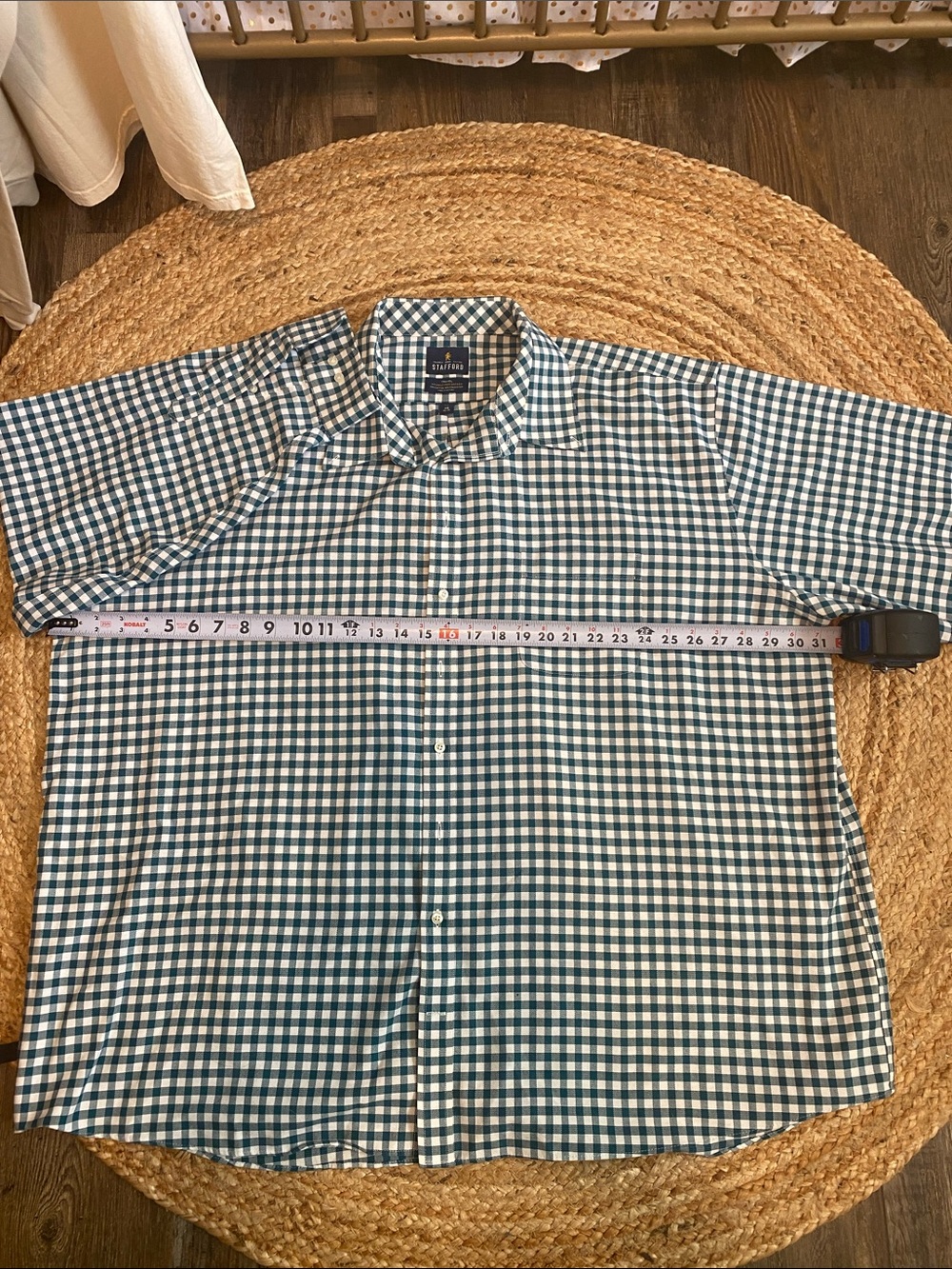 Stafford Teal and White Gingham Button-Down Shirt - Men's 20. 38-39